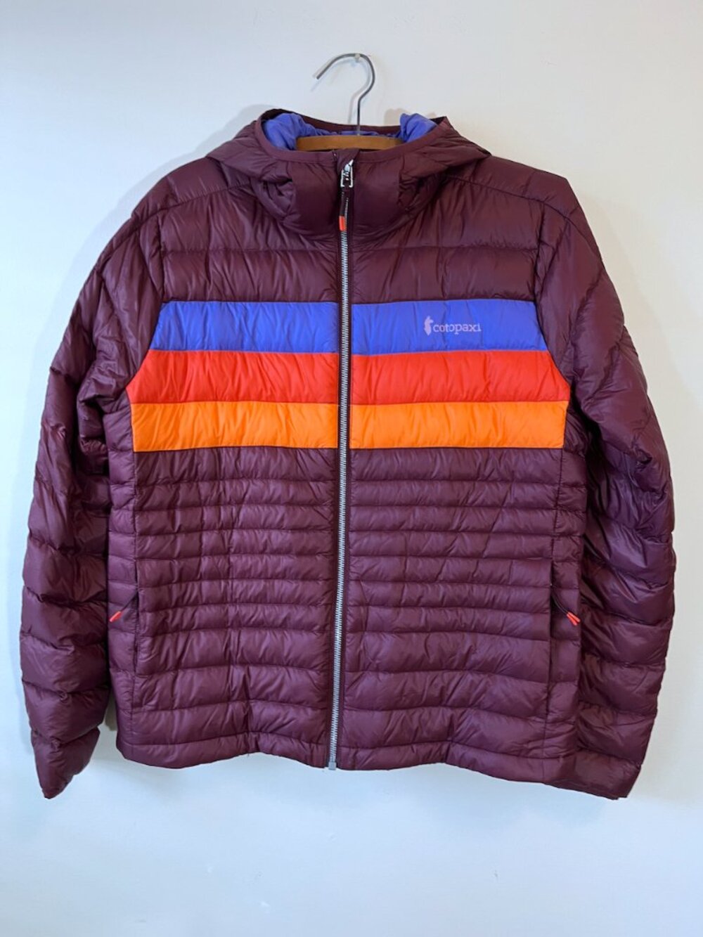 Cotopaxi Fuego Hooded Down Jacket - Wine Stripes, Women's Medium - Excellent